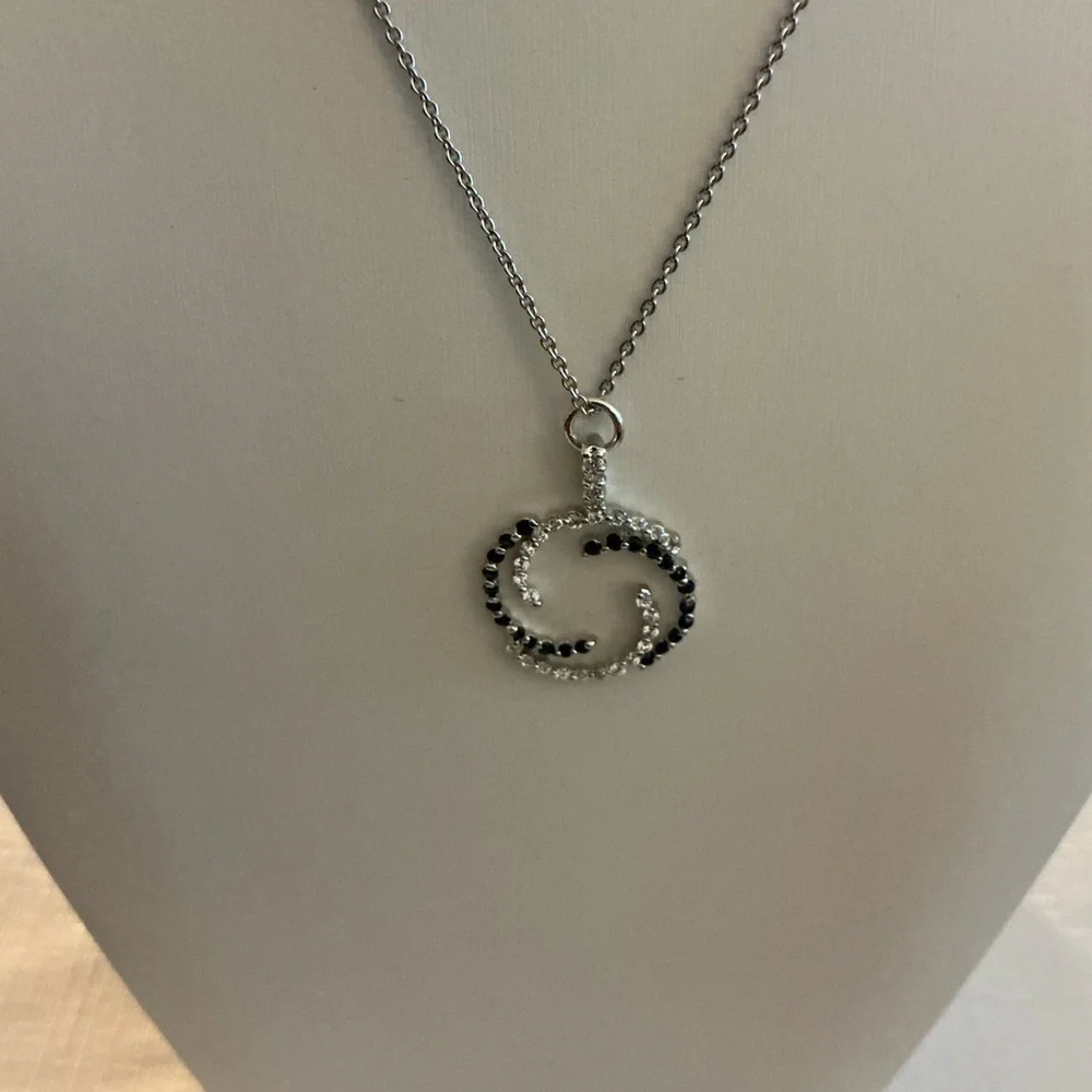 Black Swirl Rhinestone Silver Tone Pendant Necklace and Earrings Set